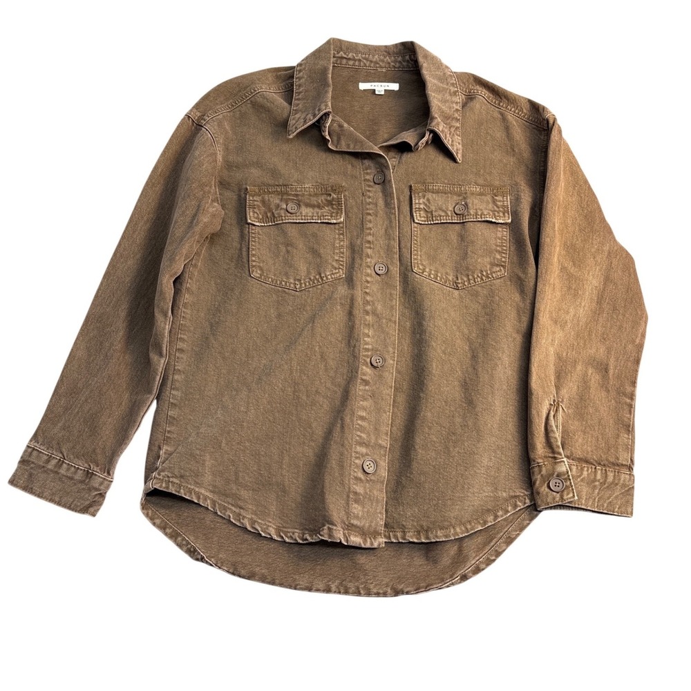 PacSun Brown Denim Twill Button Down Shirt Shacket XS/S Pocketed High Low Hem